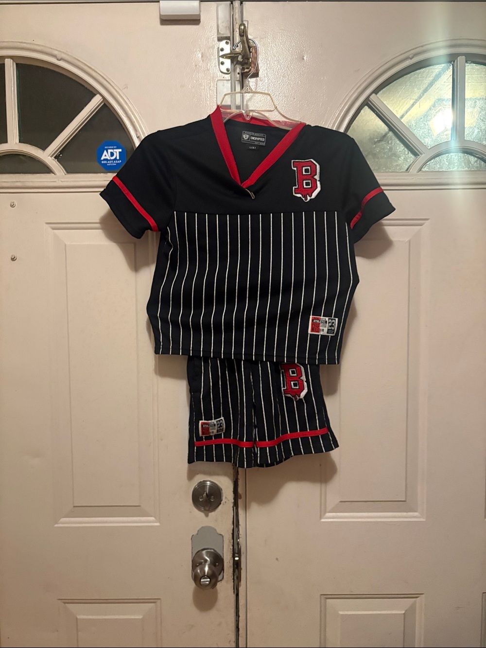 Kids Navy Pinstripe Jersey Set with Red Trim - B Patch